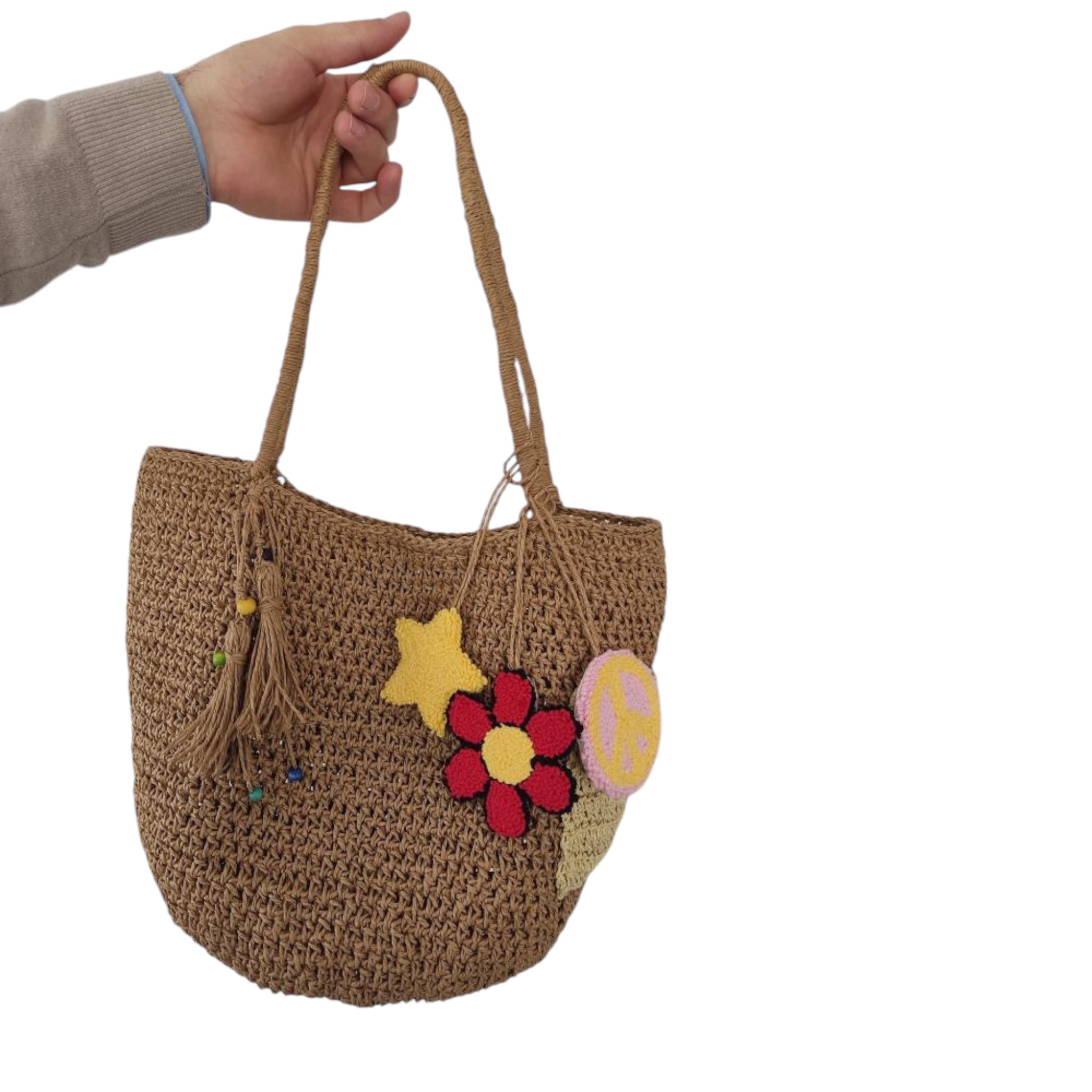Raffia bag with icon charms